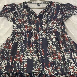 SHEIN Blue Floral Mini Dress with White Dress & Red Blossoms